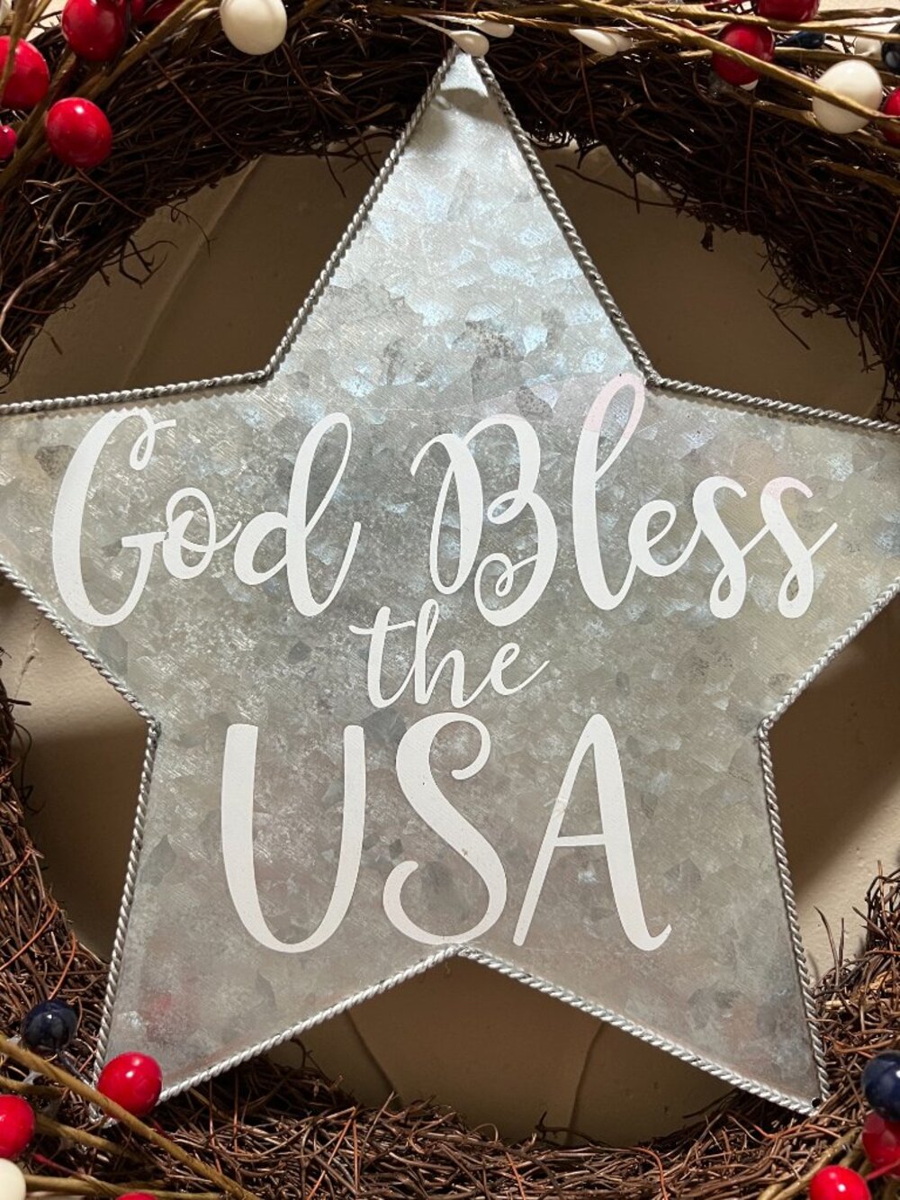 Patriotic Grapevine Wreath God Bless The USA Farmhouse Red White Blue Decor - Picture 2 of 3